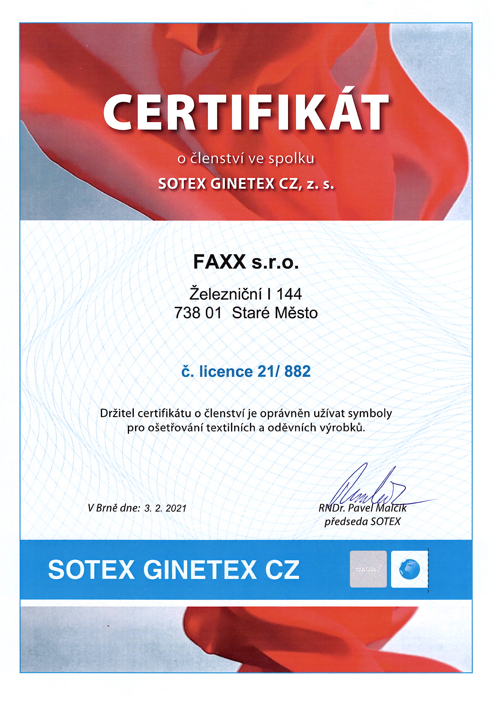 certifikát sotex ginetex FAXX prací symboly